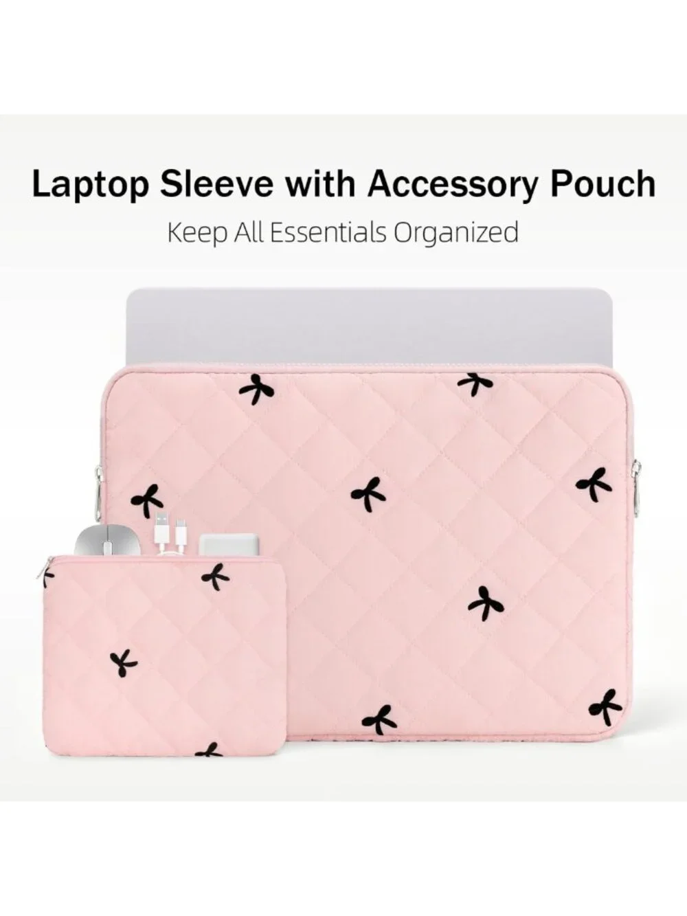 Quilted Pink Laptop Sleeve 13-14 Inch, Bow Embroidery & Pouch, Stylish